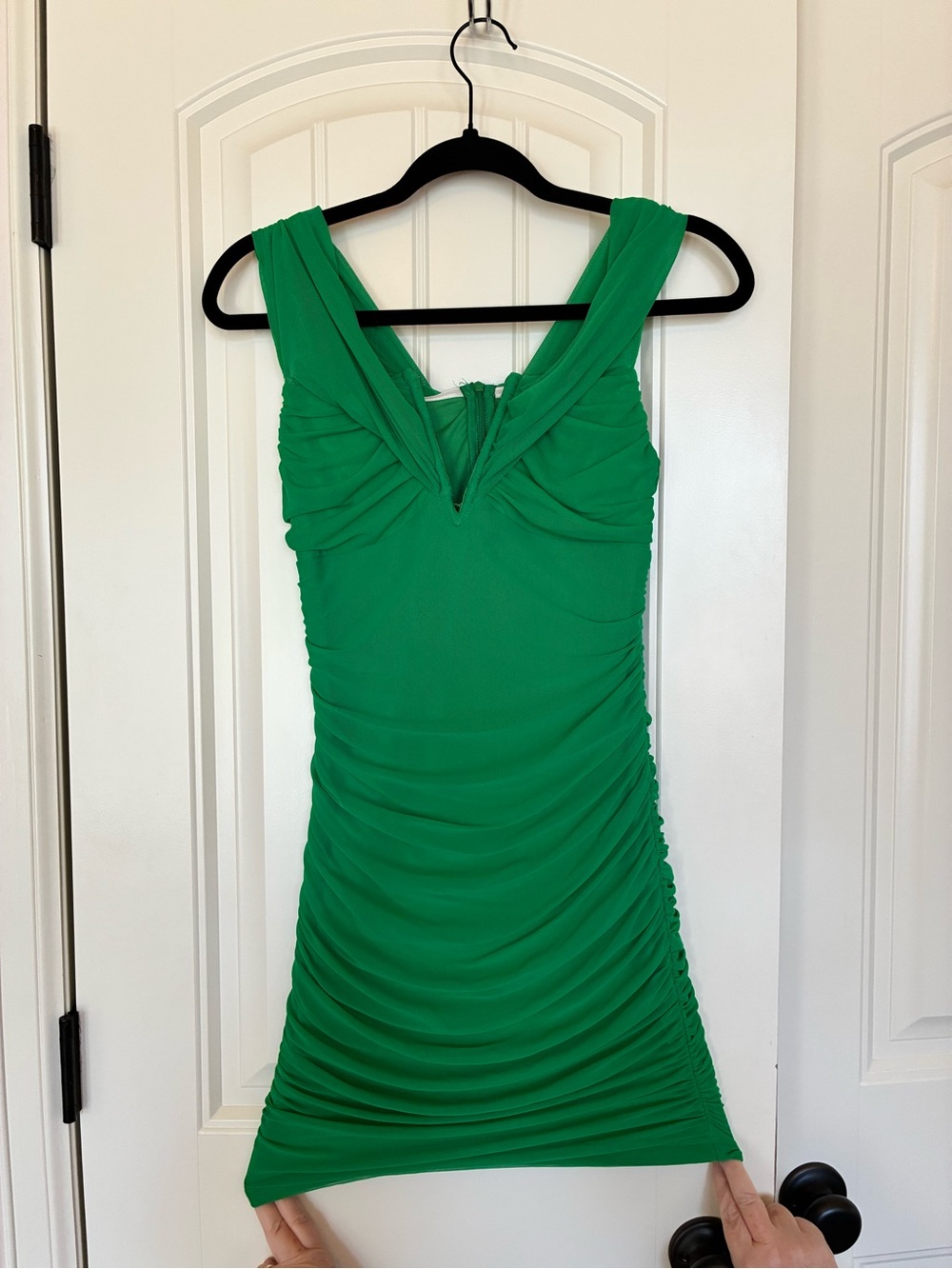 Sleeveless Green Ruched V-Neck Mini Dress